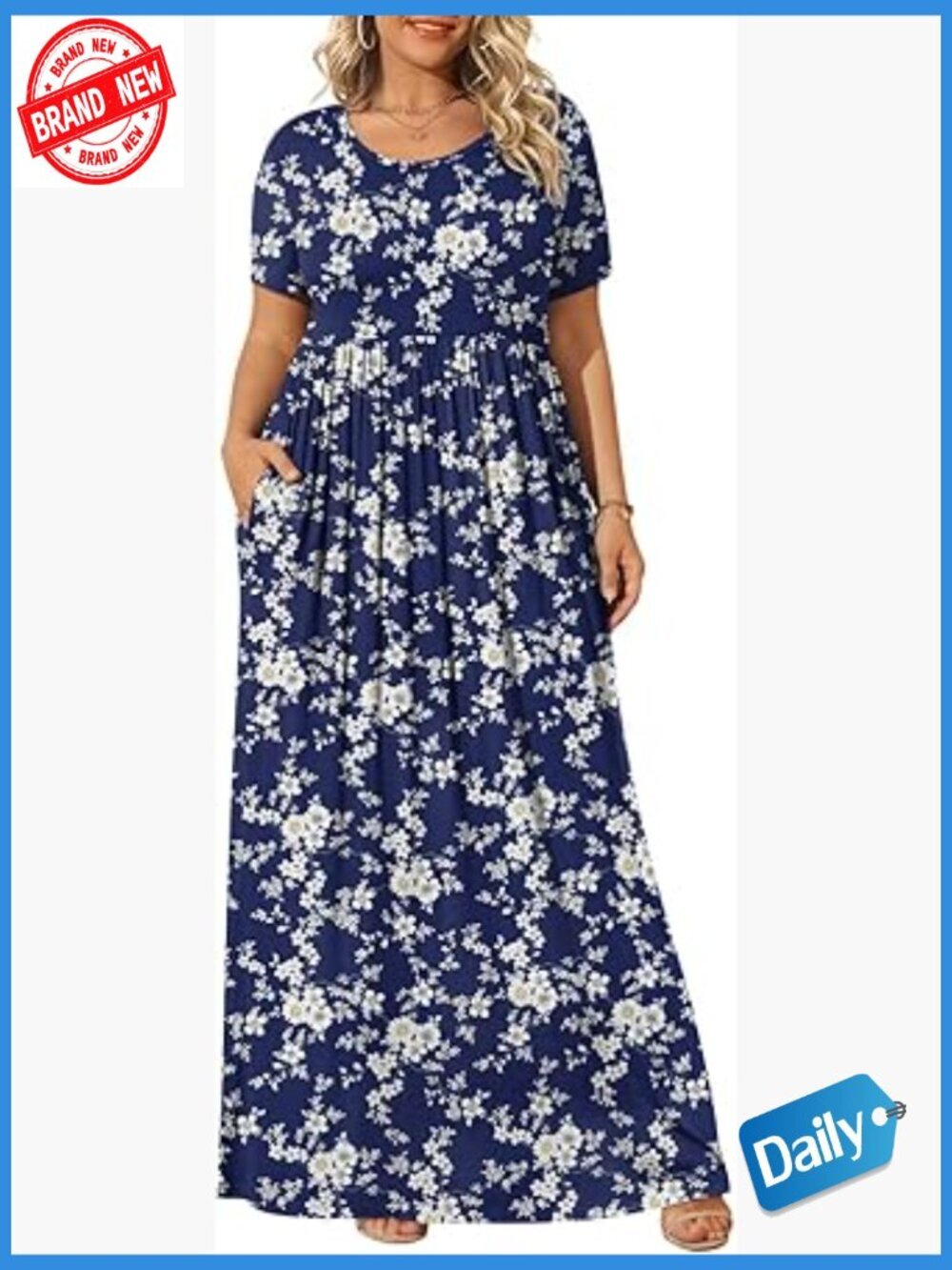 Plus Size Maxi Dress with Pockets Short Sleeve Summer Casual